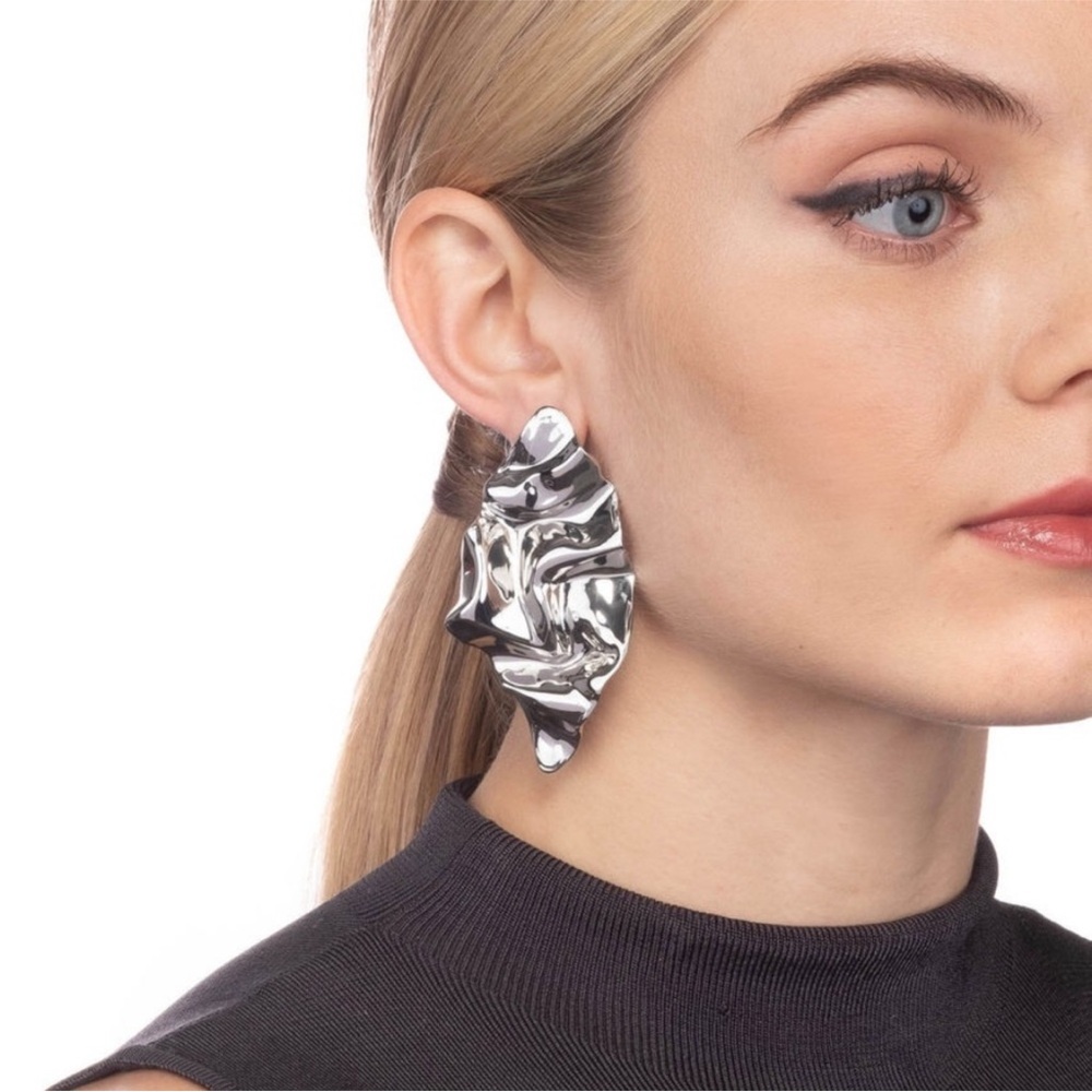 Alexis Bittar 💖Crumpled Rhodium Metal Dangle Large Drop Earrings Silver Tone💖 - Picture 8 of 14